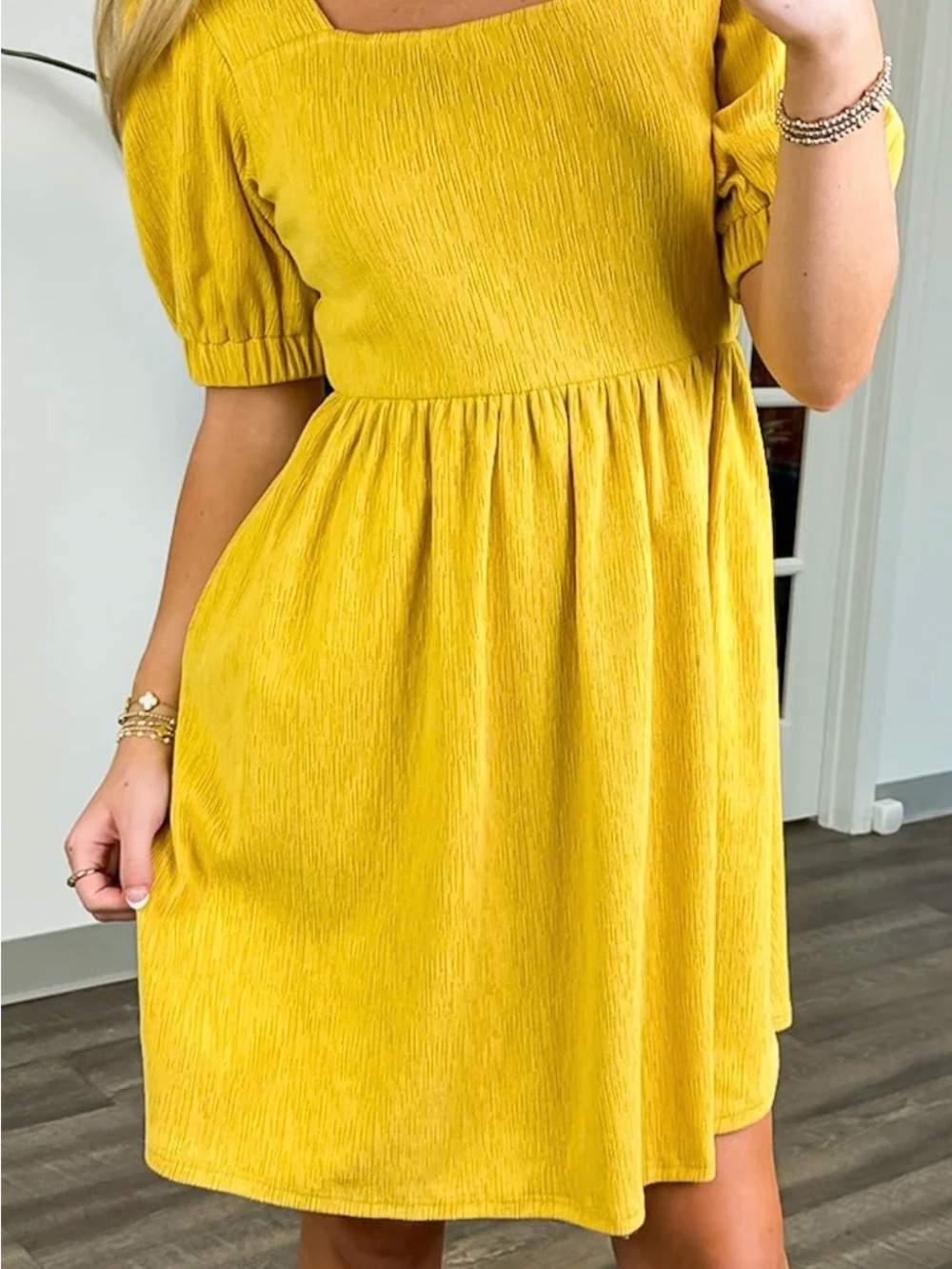 Beautiful tea n rose Yellow Square-Neck Puff-Sleeve Mini Dress